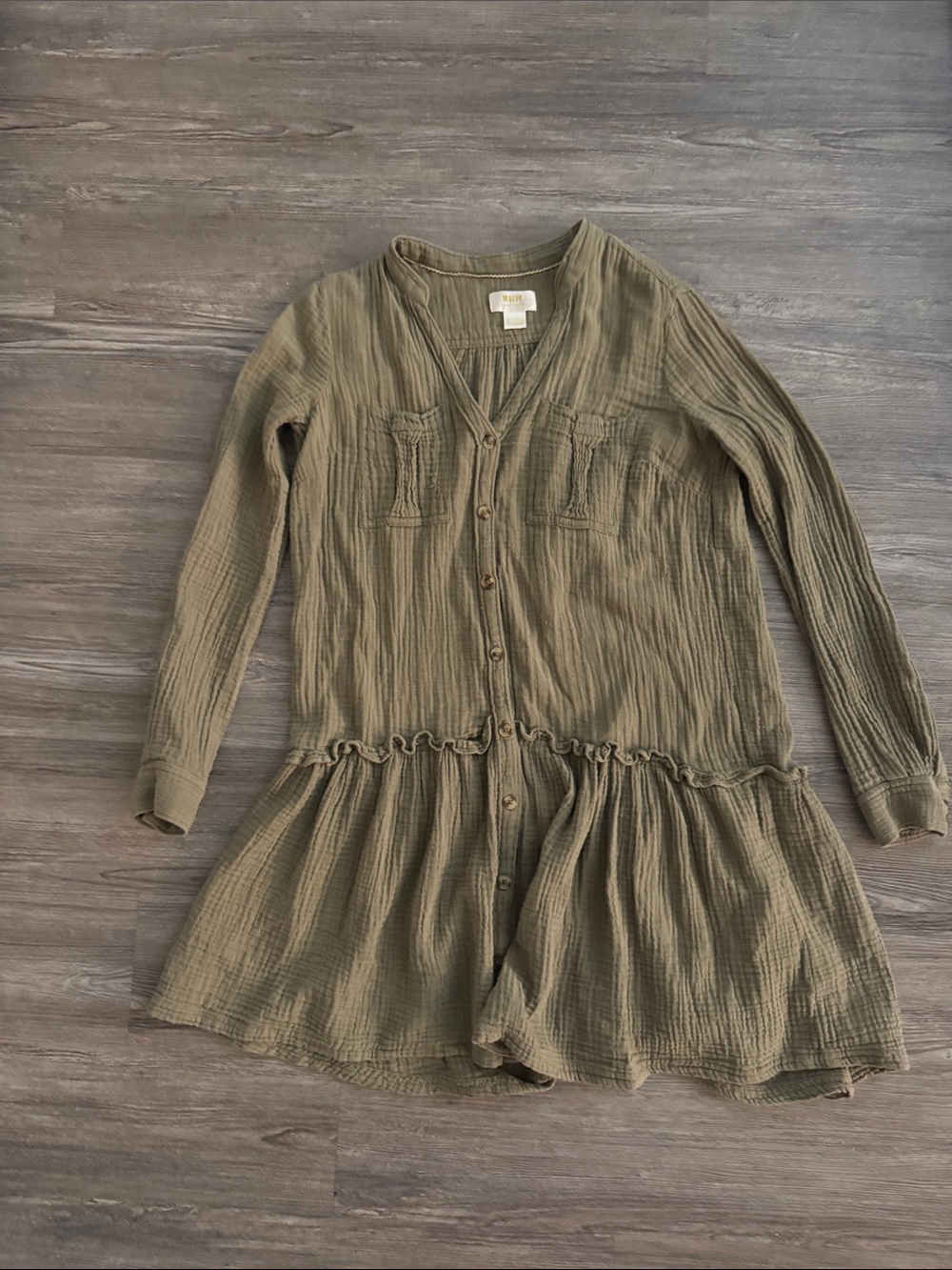 Maeve Olive Green Button-Front Ruffle Hem Girls Dress